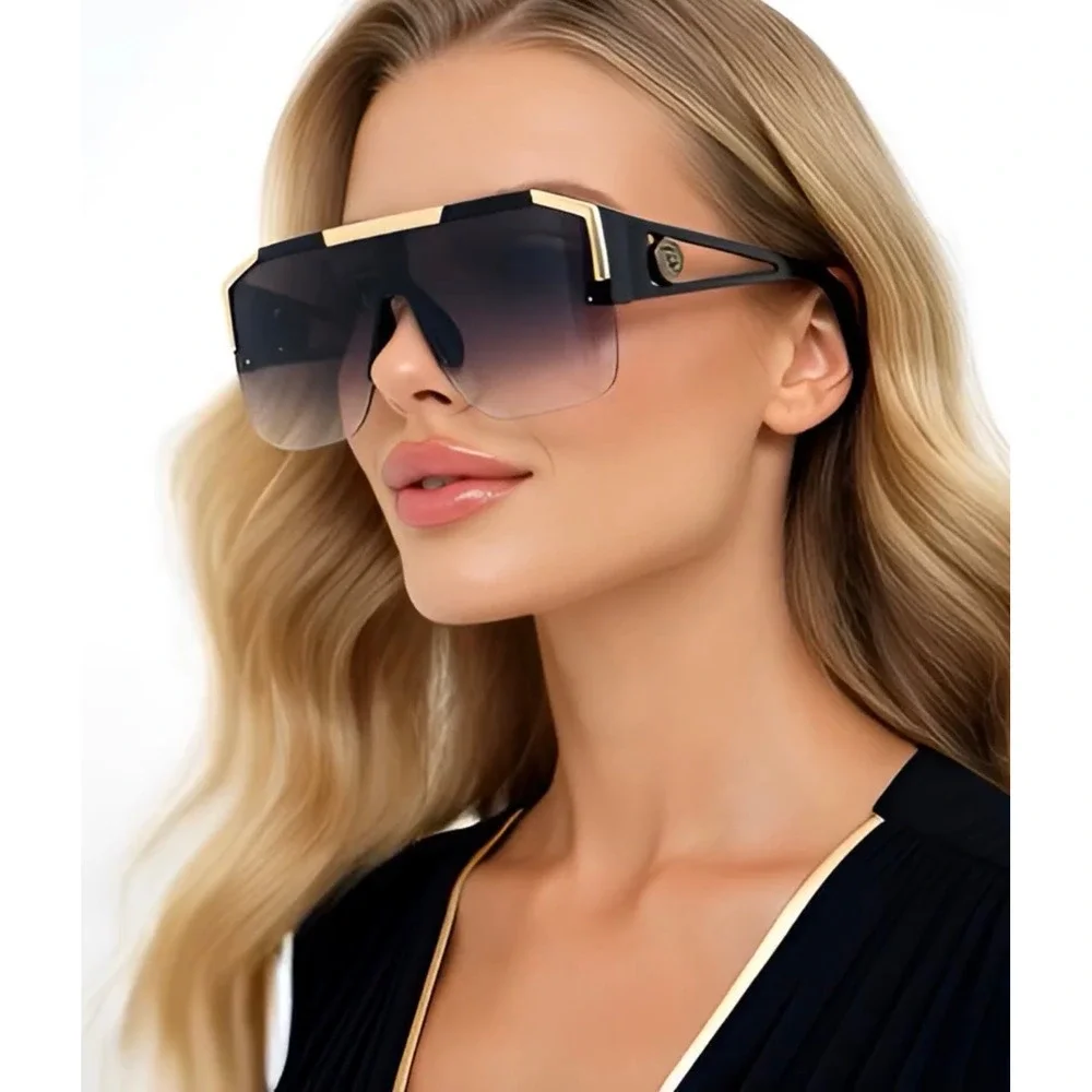 Black Gold Oversized Square Flat Top Shield Women Sunglasses Gradient Smoke Lens